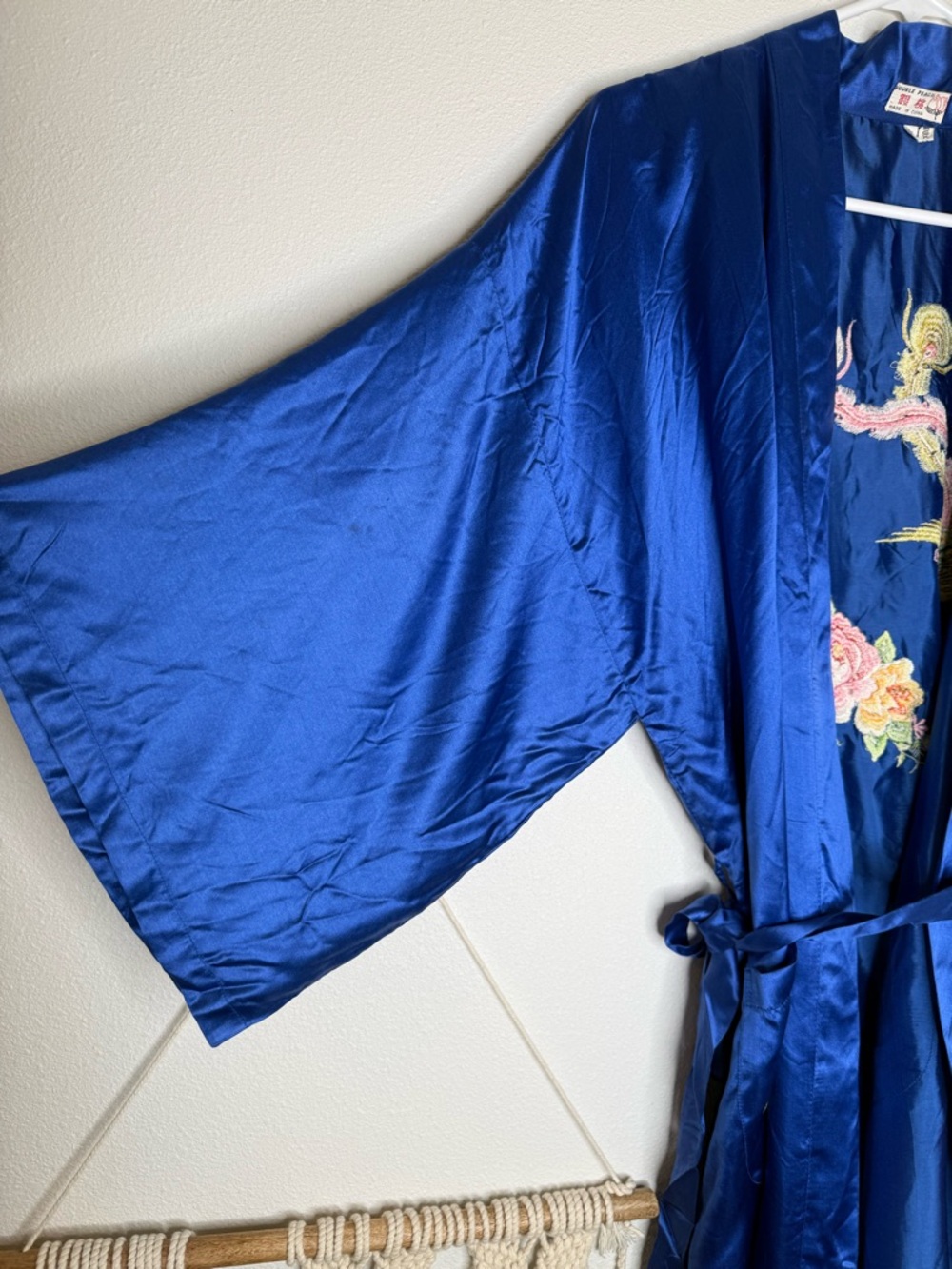 Vtg Chinese Silk Robe Royal Blue Double Peach Floral Embroidery Kimono Phoenix - Picture 5 of 11